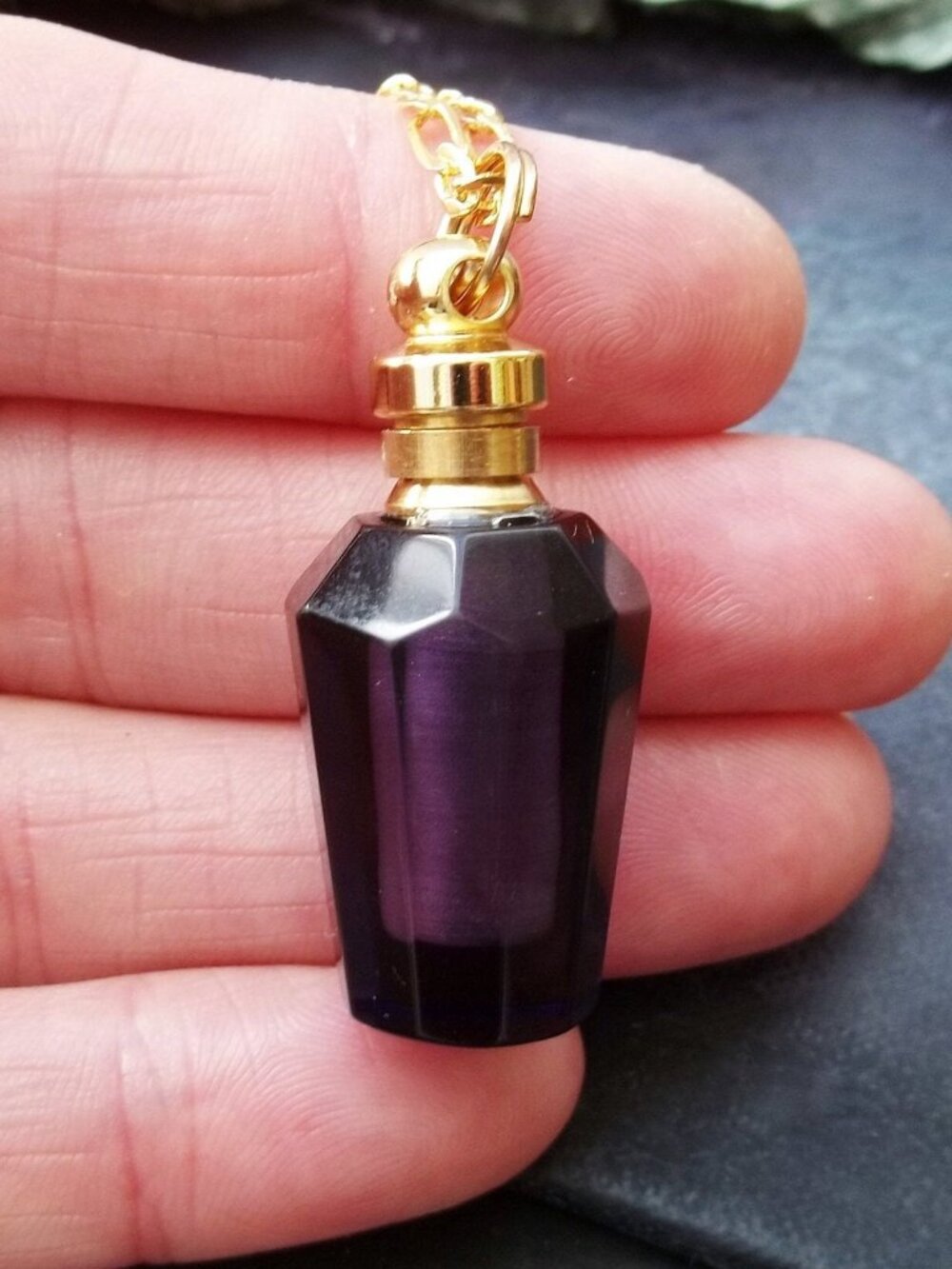Amethyst Necklace Purple Crystal Perfume Bottle Pendant Gold Figaro Chain - Picture 3 of 9